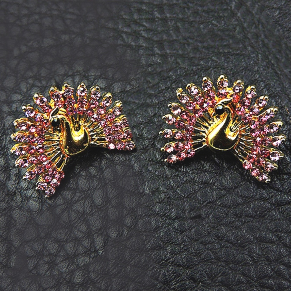 Peacock Earrings - Pink Crystals and  Silver Alloy Enamel Crystal Peacock